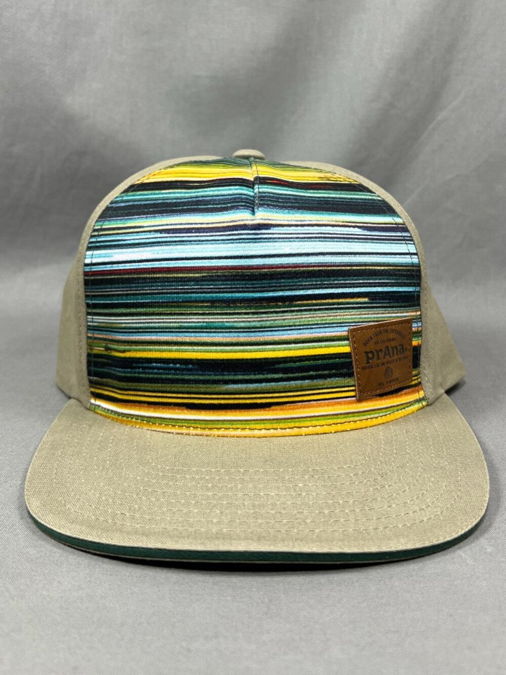 Prana Kostello Snapback Hat Khaki Striped Flat Visor Hiking Outdoor Patch Mens